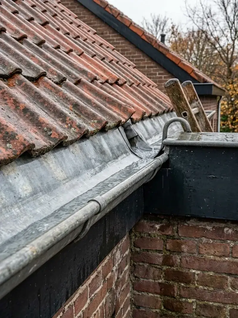 Dezelfde dakgoot, leeg en schoon met vrij stromend water